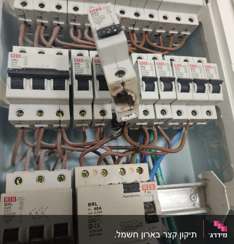 לוח חשמל עם מפסקים וחוטים חשמליים